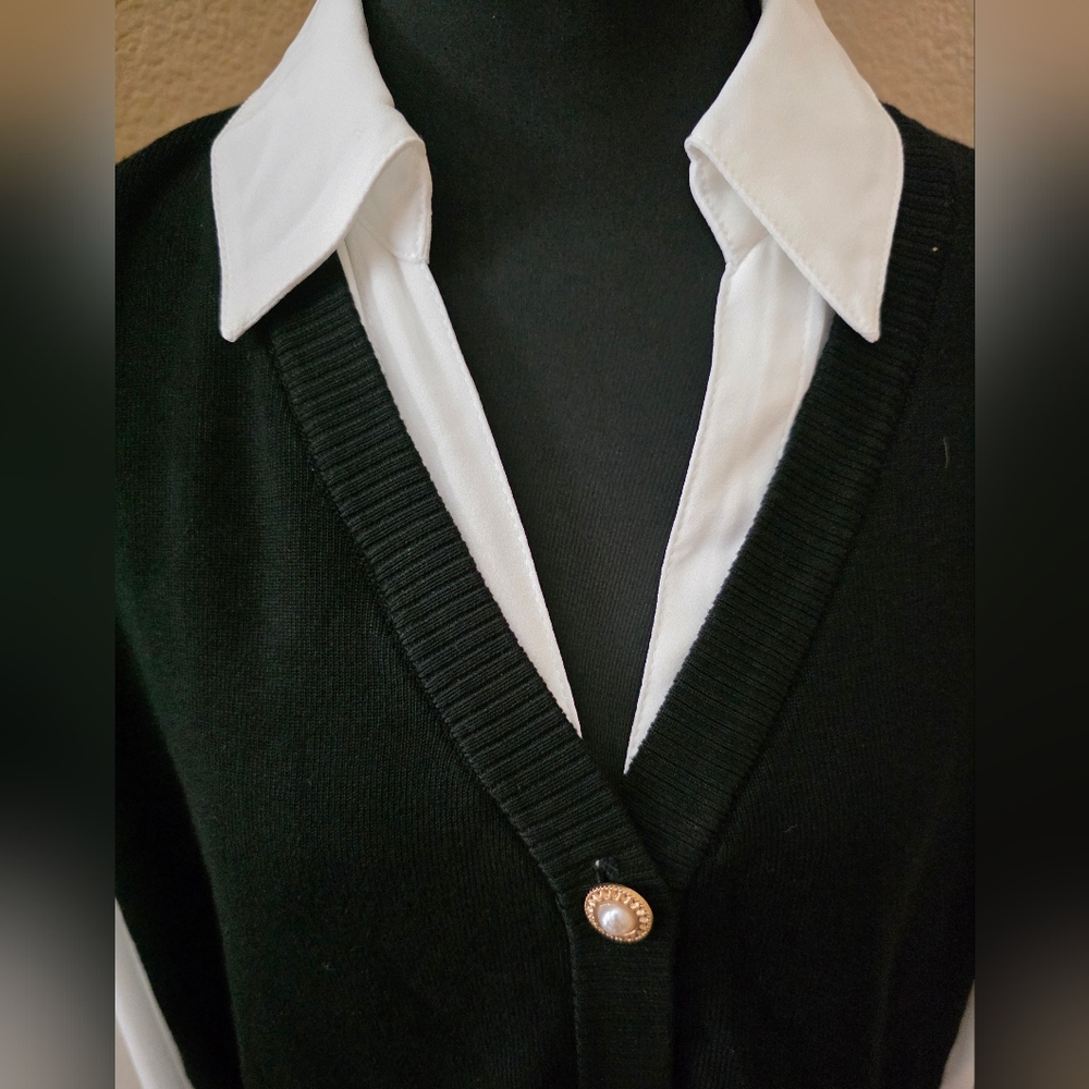 Adrianna Papell Black Button Down Sweater Vest Long Sheer Sleeves Classy Size L - Picture 2 of 14